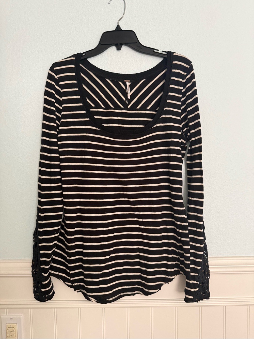 Free People Black and White Striped Long Sleeve Scoop Top